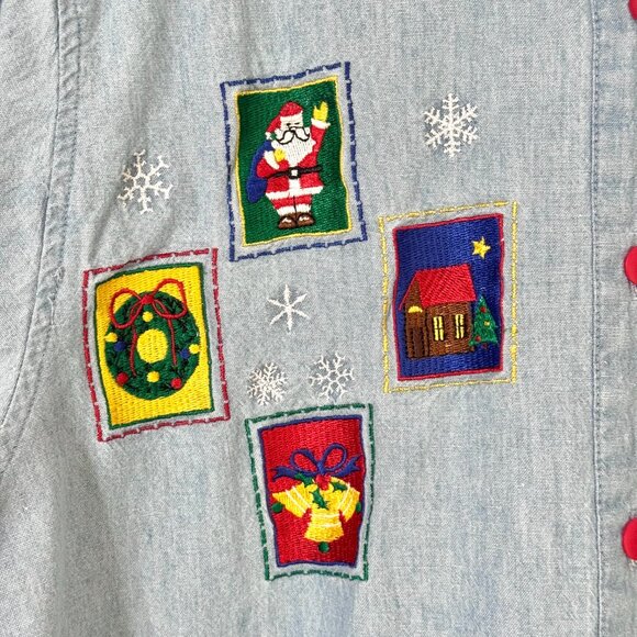 Vtg Christmas Stamps Denim Button Down Shirt Embroidered Holiday Festive Teacher - Picture 4 of 16